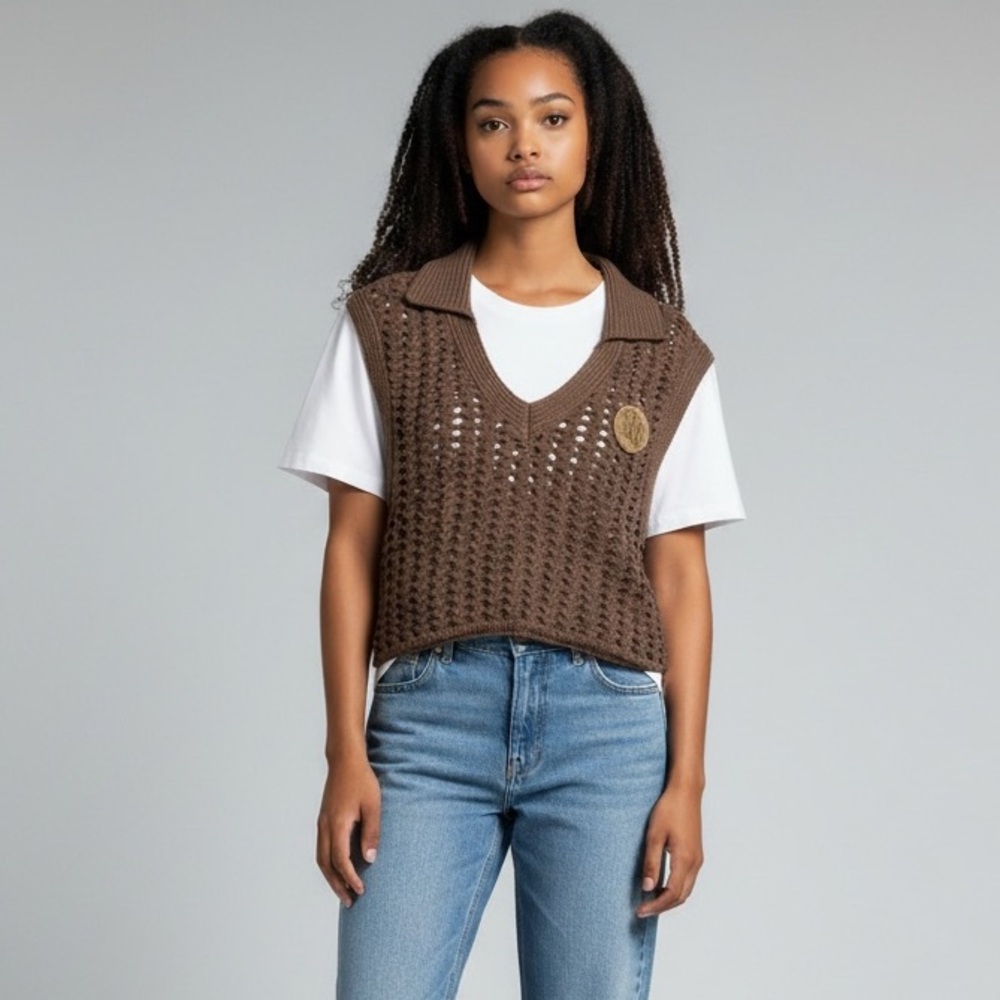 Honor The Gift Crochet Sweater Vest Women’s M Brown Open‎ Knit Logo Patch NWT